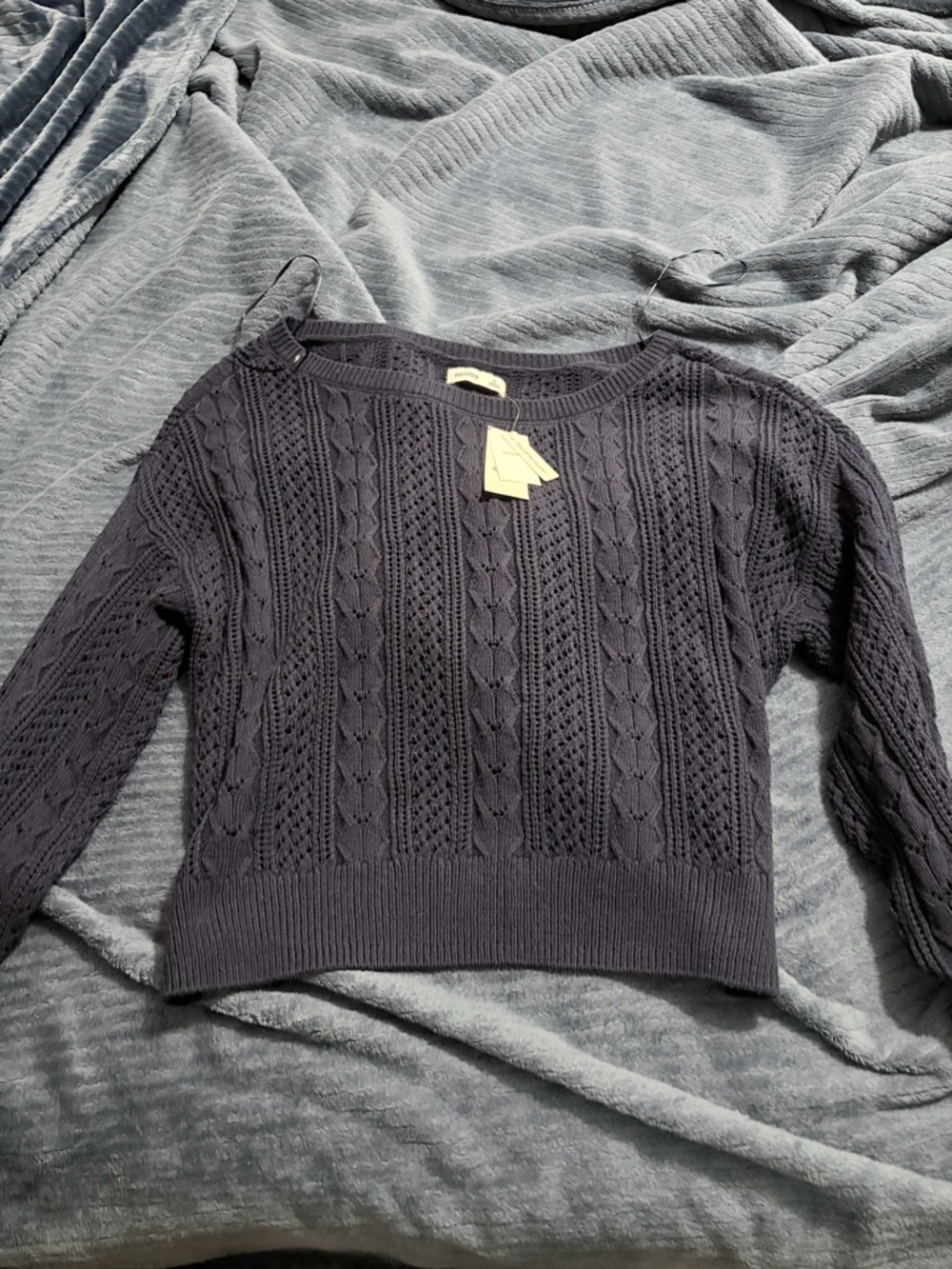 Hollister Navy off the shoulder Cable-Knit Scoop-Neck Sweater